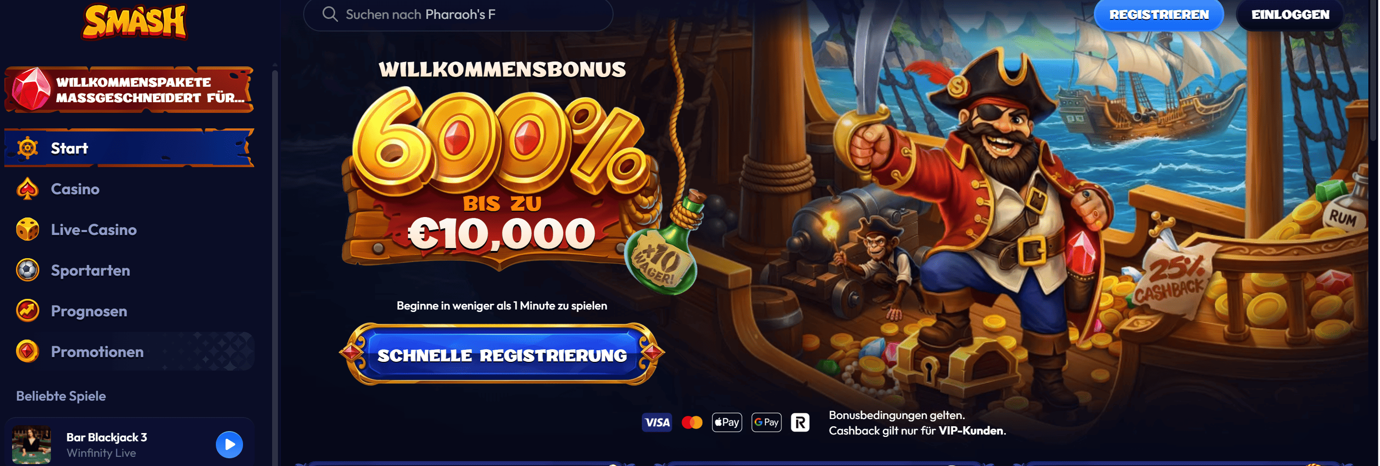 Smash Casino – Paysafecard-Einzahlung in der Kasse